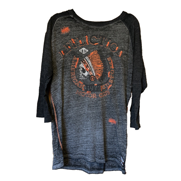 Affliction Men's 2x Motor Club Skull Baseball Tee 3/4 Sleeve Distressed Grey - Picture 1 of 7